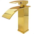 Torneira Dourada Pia Banheiro Lavatorio Bica Baixa Quadrada Inox 304 Monocomando Misturador Água Quente Fria Cuba Lavabo Bancada Gold Brilhoso Luxo