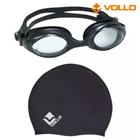 Touca de natação de silicone preta + óculos de natação wide vision preto - vollo sports