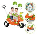 Triciclo Duas Crianças Para Passeio Moto Duo 2 Em 1 Com Protetor Pedal Empurrador Veiculo Infantil