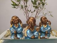 Trio de Buda Monge Bebê Cego Surdo e Mudo Azul Decoração