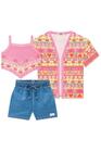 Trio de Kimono e Top em Malha Fresh e Shorts em Jeans Liz 74675 Kukiê