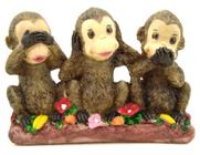 Trio De Macacos Sabios M. De Resina Com Flores Na Base