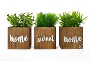 Trio de Vasinhos Decorativos com Frase Home Sweet Home e Planta Artificial Inclusa