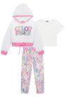 Trio Infantil Blusa Boxy M.Malha Calça em Nylon Ursinhos e Sobreposição em Tela c/Capuz Color Fashion - Kukie