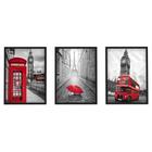 Trio Quadros Decorativos Kit 3 Peças Moldura Vidro Cidade Londres Paris Torre Eiffel Sala Moderno