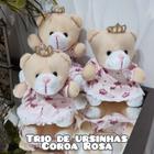 Trio Ursinhos De Pelúcia Para Nicho Decoração Bebê Quarto Festa - Ursinha Coroa Rosa