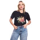 Tshirt Blusa Feminina Ramo de Flores Estampada Preto