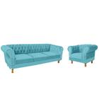 Um Sofá 1.80m + Uma Poltrona Chesterfield Duque Suede - Azul Tiffany / Sala, Recepção, Barbearia, Decoração