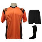 Uniforme Esportivo com 18 camisas modelo Roma Laranja/Preto + 18 calções modelo Madrid Preto + 18 pares de meiões Preto 