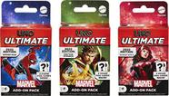 UNO Ultimate Marvel Add-On 3-Pack Set com baralho de personagem colecionável e 2 cartas de folha, inclui Homem-Aranha, Dr. Estranho e Feiticeira Escarlate - Mattel Games