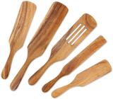 Utensílios de cozinha de madeira, espátulas de madeira definidas como visto na TV, AOOSY 5 Pcs Natural Teak Wood Spurtle Kitchen Tools Utensil Set Heat Resistant Non Stick Wood Cookware, Spatula Ranhuted for Stirring Mixing