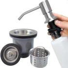 Valvula Pia Cozinha 3 1/2 E Dispenser Dosador Detergente 500ml Kit Inox Ralo Basket Com Cesto Higienico Escoamento Cuba E Porta Detergente De Embutir