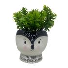 Vaso decorativo raposinha de cerâmica na cor preta e planta