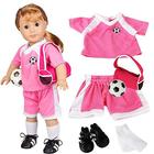 Vestido ao longo Dolly Soccer Uniform 6 Pc Premium Handmade Outfit para menina americana, corações afins, Adora, nossa geração e todas as bonecas de 18 polegadas - Conjunto de acessórios de roupas