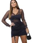 Vestido Curto Festa Noite Manga Longa Transpassado Feminino