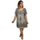 Vestido Curto Indiano Manga curta Liso com Bordado Plus Size