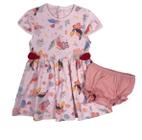 Vestido curto infantil rosa estampado tucanos e flores e calcinha rosa liso