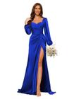 Vestido de dama de honra Dessiny azul royal, cetim, sereia, decote em V