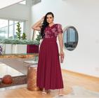 Vestido Elegante Longo Plissado Cinto Tule Estampa