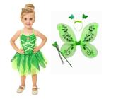 Vestido Fantasia Infantil Tinkerbell Fada Fadinha Sininho + KIT Tiara Varinha Asa - Anjo Fantasias