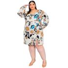 Vestido Feminino Curto floral Decote V Fenda Lateral Manga Longa Bufante Bolsos Zíper Estampa Floral Viscolinho Plus Size GG ao G5 - 48 ao 62