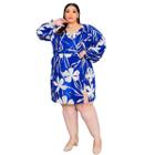 Vestido Feminino Curto floral Decote V Fenda Lateral Manga Longa Bufante Bolsos Zíper Estampa Floral Viscolinho Plus Size GG ao G5 - 48 ao 62