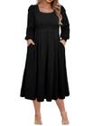 Vestido feminino Eytino, tamanho grande, gola quadrada, manga comprida, 3 vezes preto