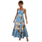 Vestido Feminino Longo Alcinha Babado Estampado Acinturado Floral Primavera Verão Casual Elegante Moderno Tendência Estiloso