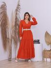 Vestido Feminino Longo com Decote Transpassado e Punhos em Elástico com Cinto Confortável
