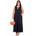 Vestido Feminino Longo  Regata Com Bolso Plus Size Moda Despojada Mullet tendencia Fenda Lateral
