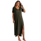 Vestido Feminino Midi Longo Verão com Fenda e Bolsos 