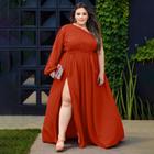 Vestido Feminino Plus Size Longo Manga longa Única Ajustável Ao Corpo Com Fenda E Faixa