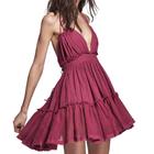 Vestido ForeMode Summer Halter com decote em V Sexy Patchwork Rosa Vermelha