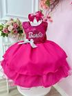 Vestido Infantil Barbie Pink Busto Paetê e Broche de Lacinho Super luxo festa 3355PD