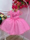 Vestido Infantil Barbie Rosa Chiclete C/ Glitter e Estrelas