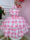 Vestido Infantil Barbie Xadrez Rosa Bebê Com Laço Luxo Festa 3357RS