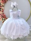 Vestido Infantil Branco C/ Glitter Busto e Aplique de Laços