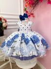 Vestido Infantil Branco Floral Azul Bolas Cinto Pérolas Luxo Festa 1539