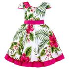 Vestido infantil branco floral verde detalhe pink festa luxo 4 ao 16