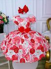 Vestido Infantil Branco Florido Com Cinto Vermelho Luxo