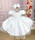 Vestido infantil Branco Gola de Perolas Batizado - Envio Já