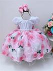 Vestido infantil branco peito strass saia rosa cinto pérolas