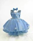 Vestido Infantil de Festa Luxo Lindo Temático Azul com Ciscas de Neve Gelo Brilho Glitter + Capa