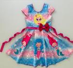 Vestido Infantil Festa Moda Casual Princesa Sereia Ariel Azul E Rosa Lindo Com Laço Rosa