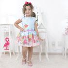 Vestido infantil floral azul com rosas, borboletas e laço nas costas