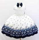 Vestido Infantil Floral Azul Marinho Luxo E Tiara