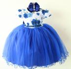 Vestido Infantil Floral Azul Royal Luxo E Tiara