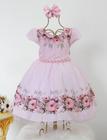 Vestido Infantil Floral Rosa Luxo E Tiara