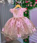 Vestido Infantil Jardim Encantado Rosa E Dourado Borboletas