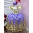 Vestido Infantil Longo Lilás Lavanda Jasmine Princesa Sofia Ariel Saia Branco Off White e Dourado Dama Daminha Florista